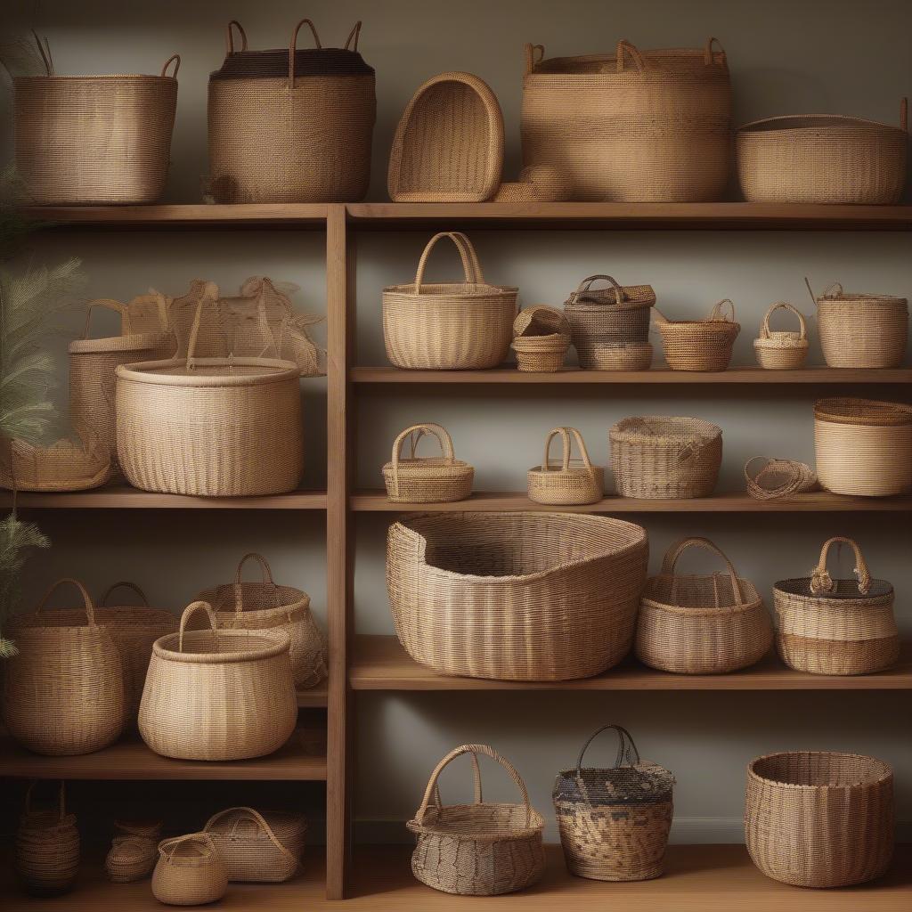 A display of various finished woven baskets, showcasing different shapes, sizes, and weaving techniques.