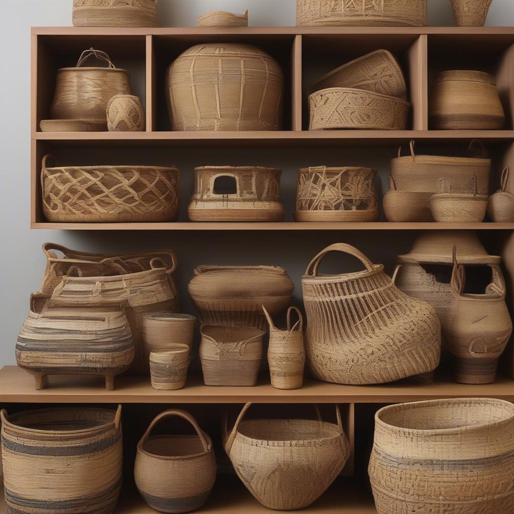 Display of beautifully crafted woven baskets made in Olympia, WA