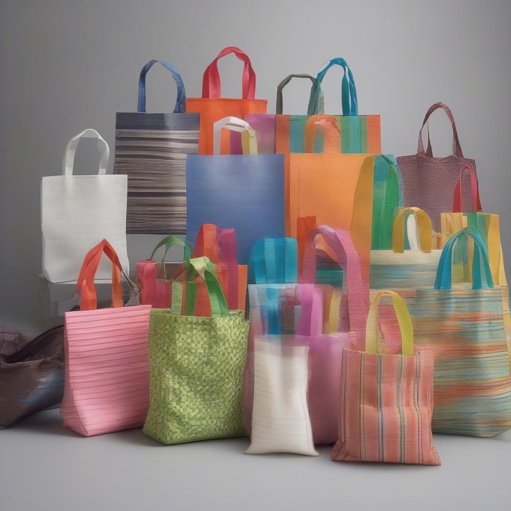 Finished woven polypropylene bags in various styles, showcasing different colors, sizes, and handle designs.