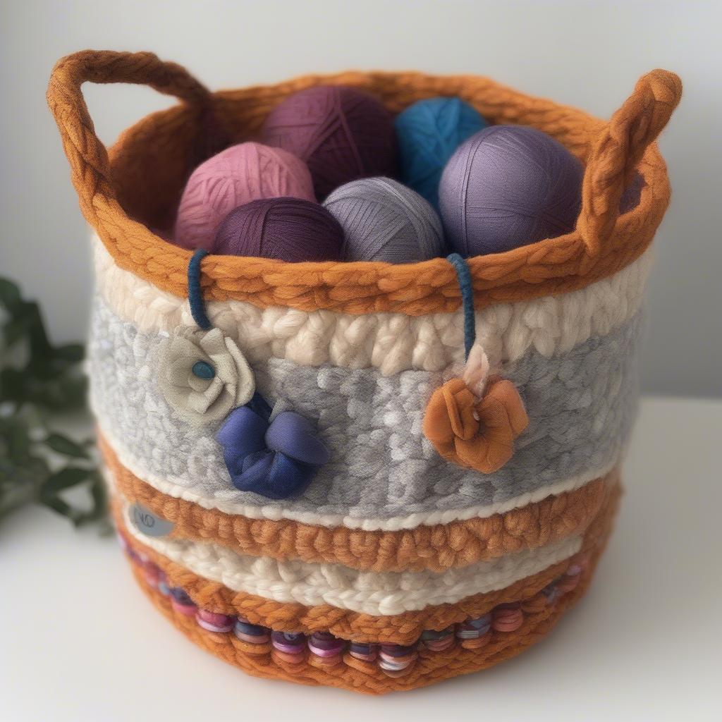 Finished Yarn Basket with Embellishments