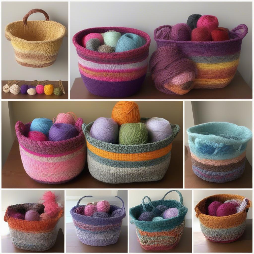 Examples of finished yarn baskets in different shapes, sizes, and colors.