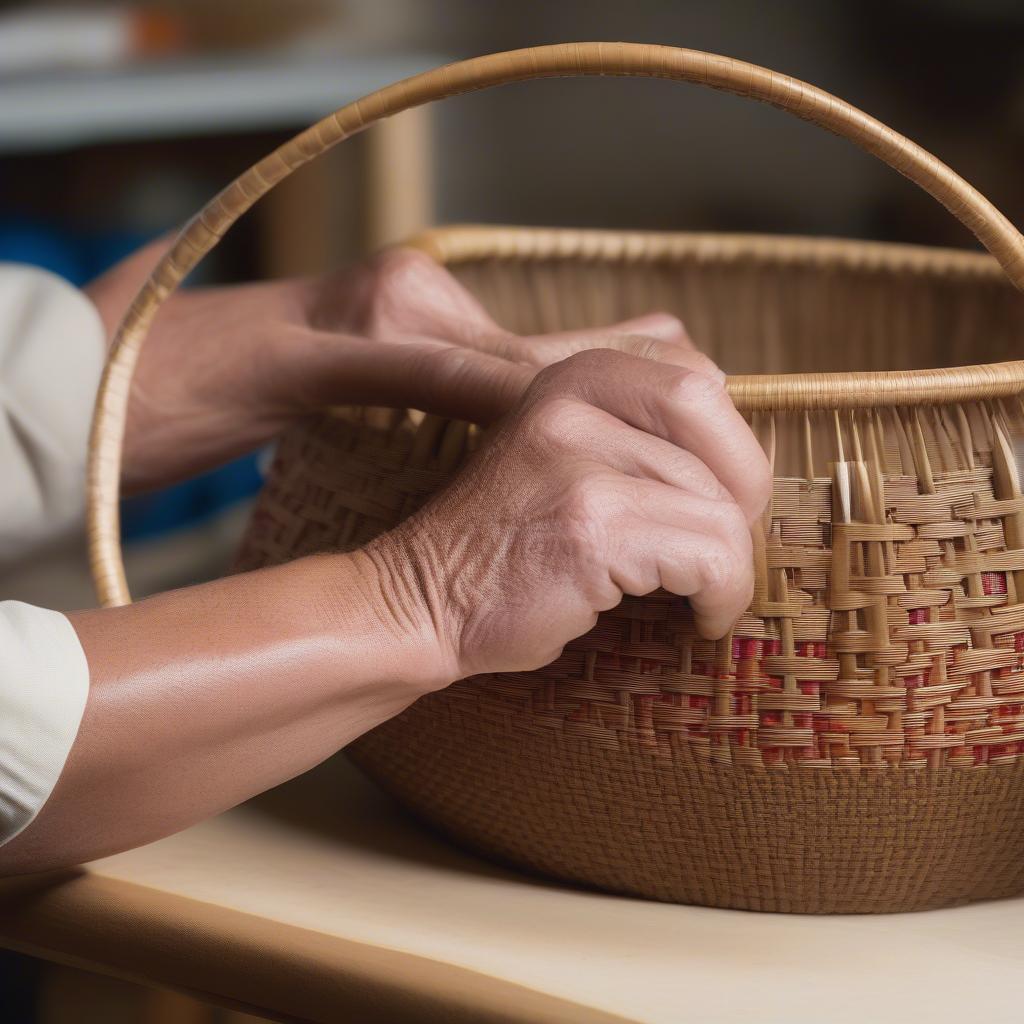 Finishing the Nantucket Basket Rim: A close-up view of someone's hands expertly weaving the rim of a Nantucket basket, demonstrating the intricate detail and precise technique required for a polished finish.