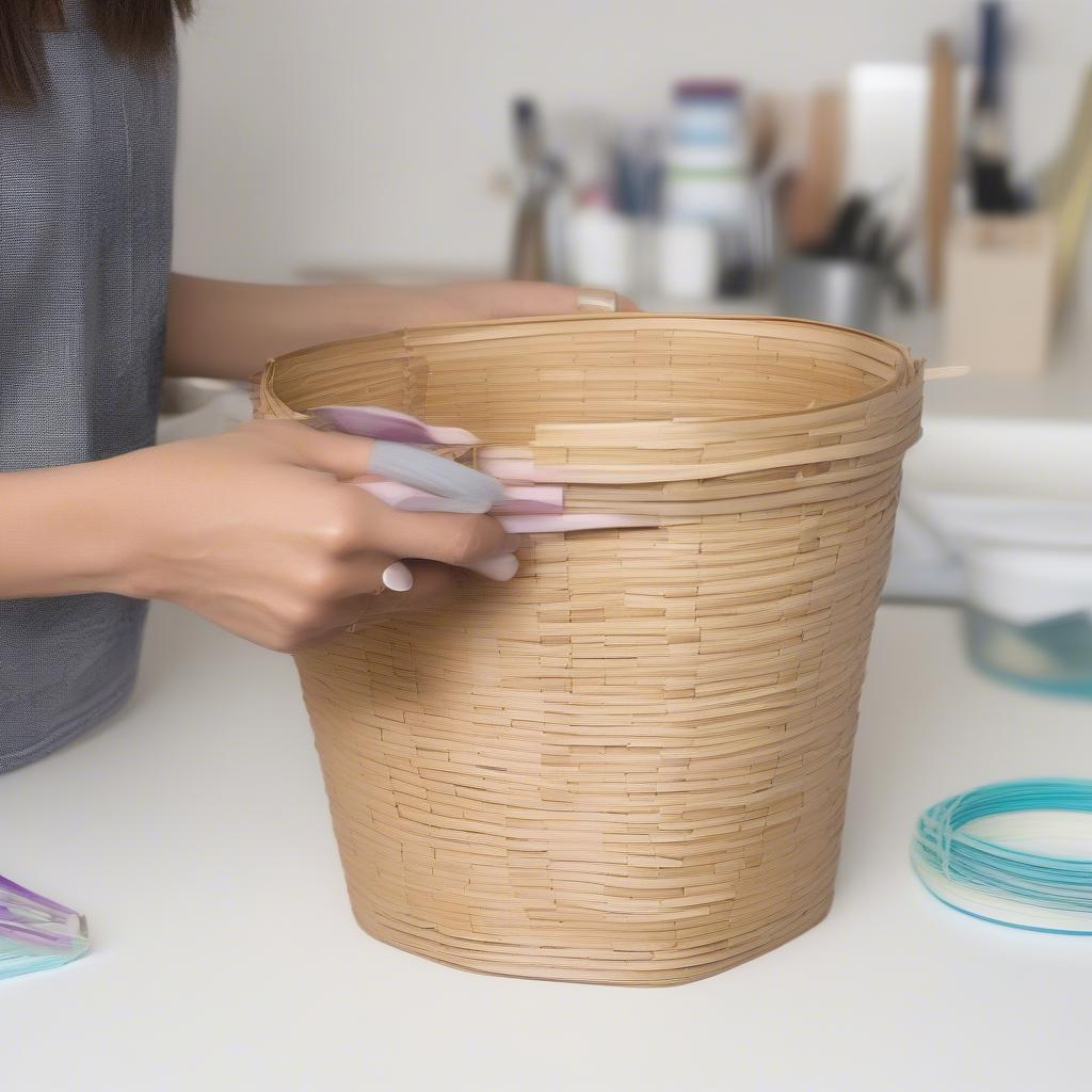 Adding finishing touches to a woven paper basket