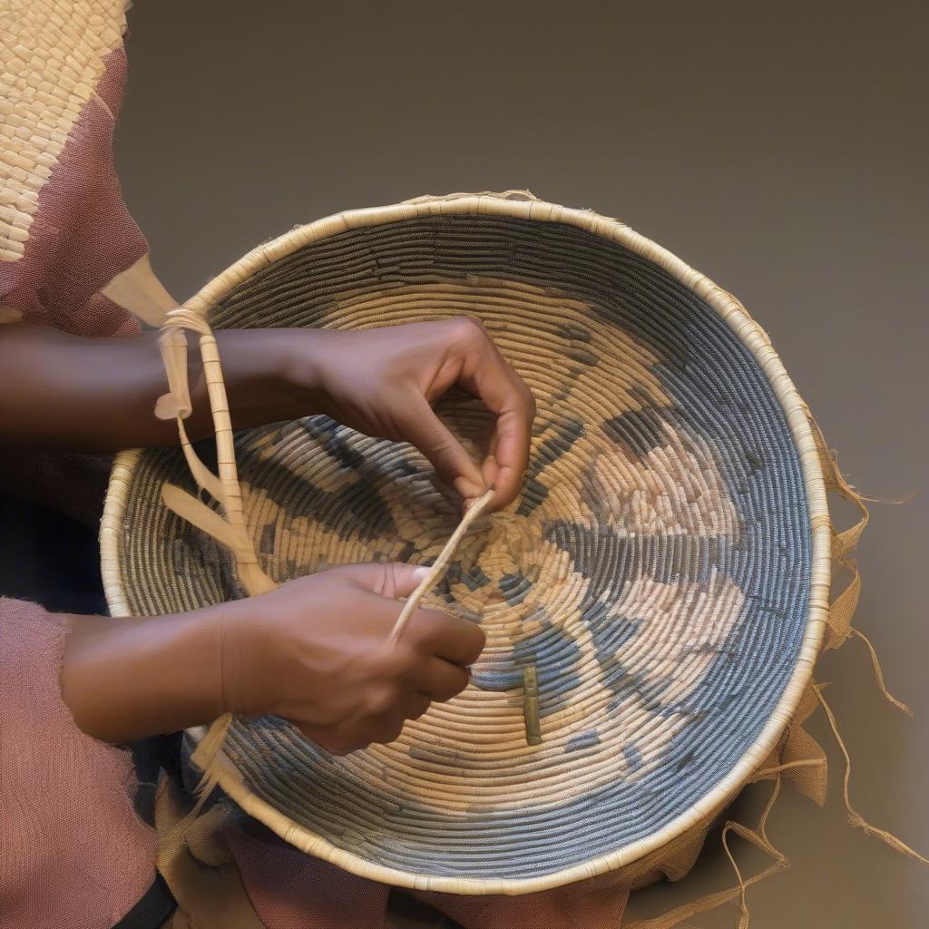 Adding finishing touches to a woven basket