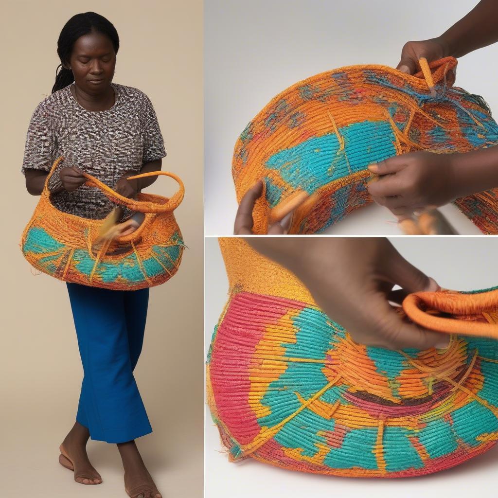 Repairing a broken strap on a colorful African woven bag with natural fibers.