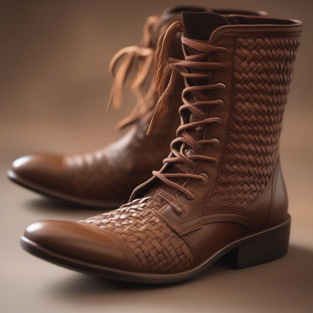 Flat Basket Weave Shoelaces on Brown Boots