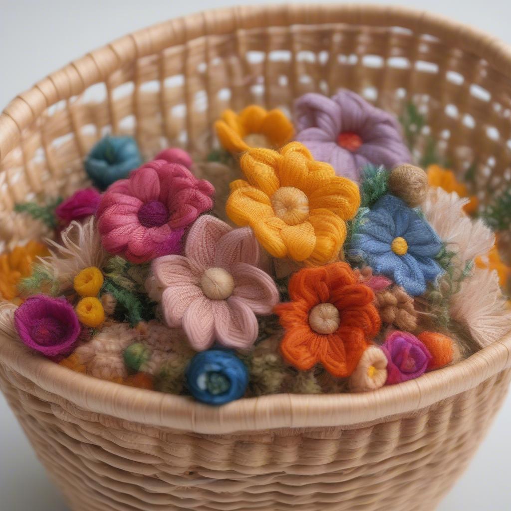 Close-up view of a flowery weaved basket, showcasing the intricate details and craftsmanship