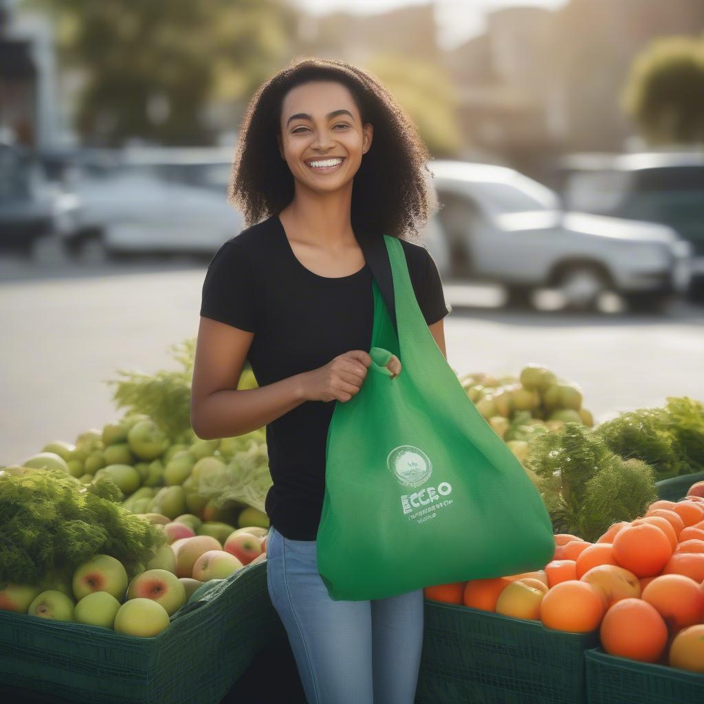 Foldable non-woven eco bag being used for grocery shopping