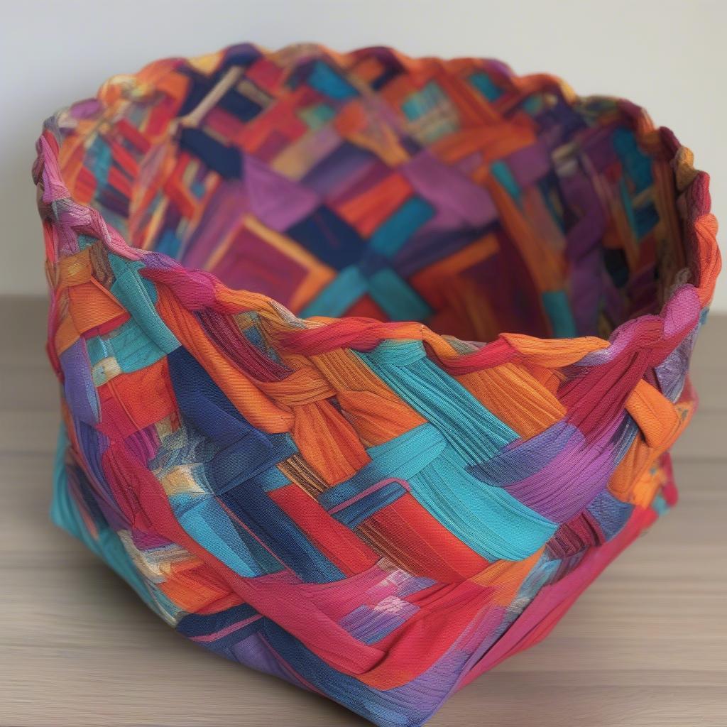 Finished Folded Fabric Basket:  A beautiful, colorful basket woven from folded fabric strips.