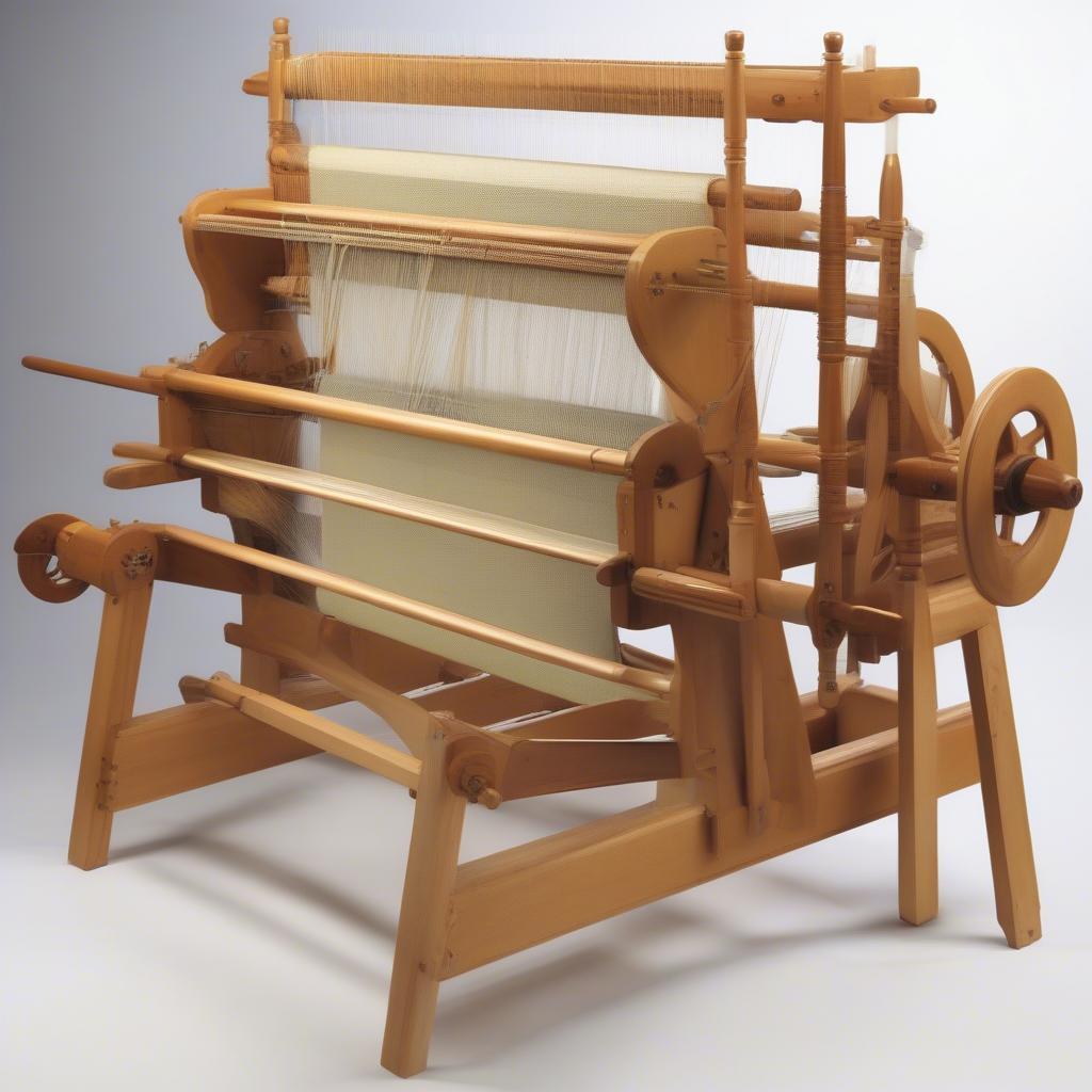 Detailed view of the components of a 4 shaft table loom, including shafts, heddles, reed, beater, and warp beam.