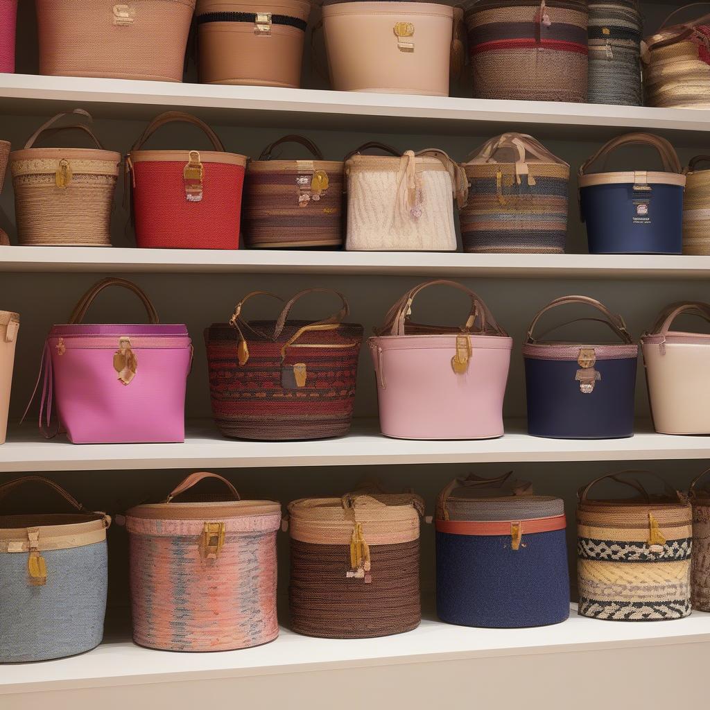 Different sizes of Frances Valentine bucket bags displayed on a shelf.