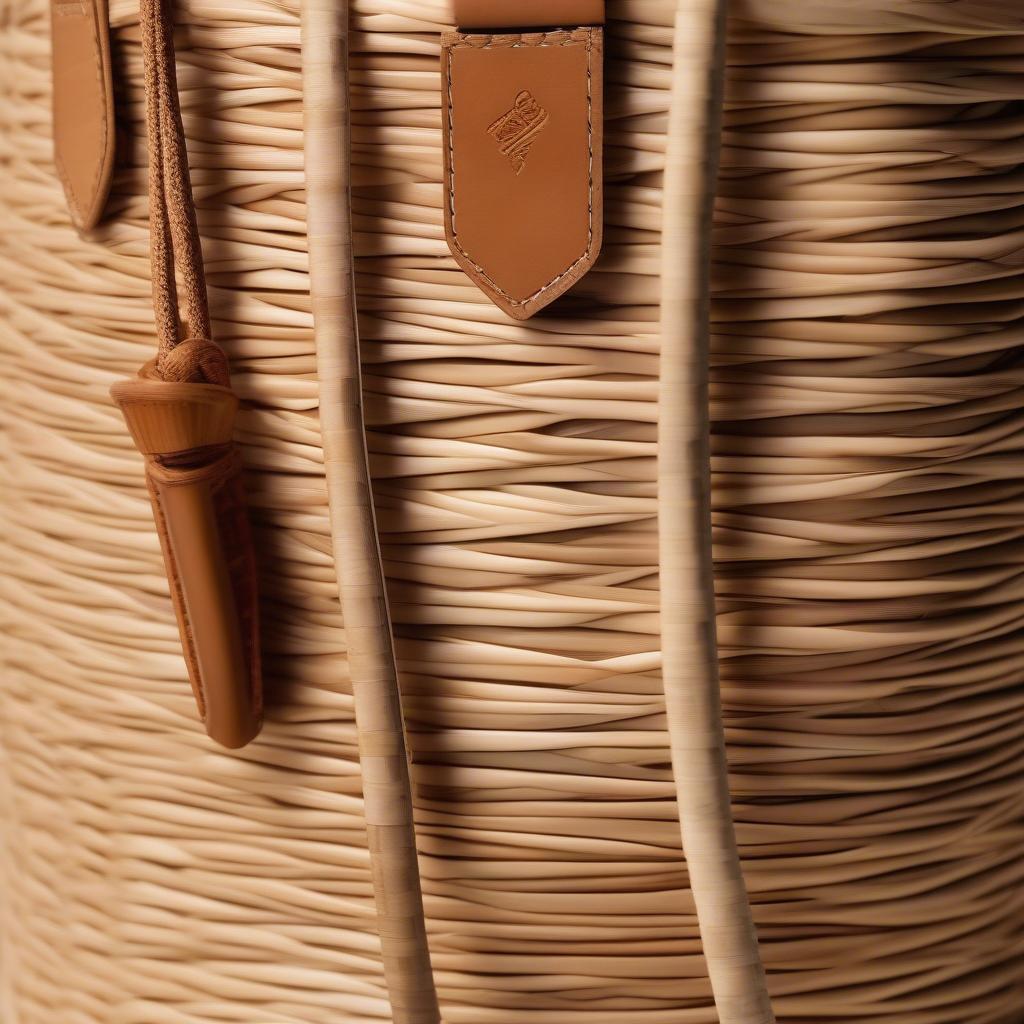 Close-up of a Frances Valentine woven bucket bag showing the intricate details and natural texture.