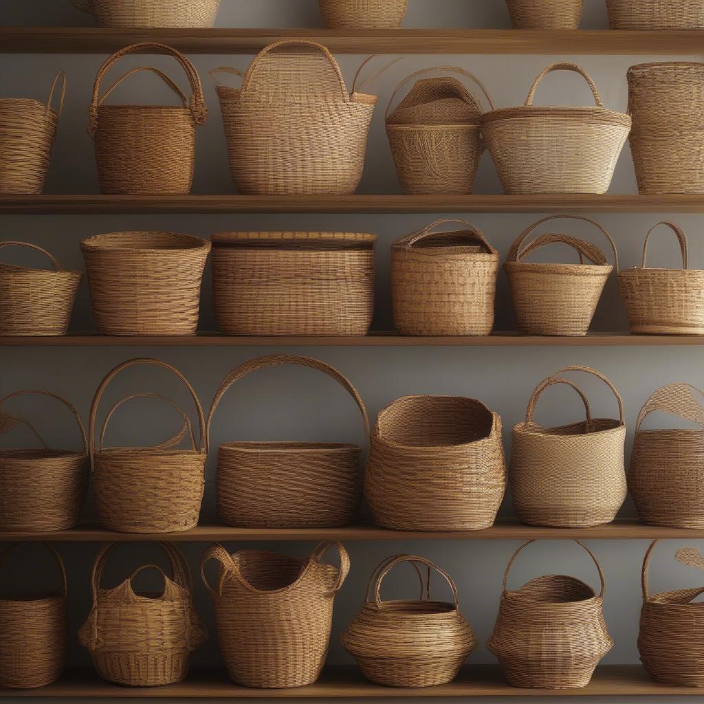 Several finished French randing baskets showcasing different weaving patterns.