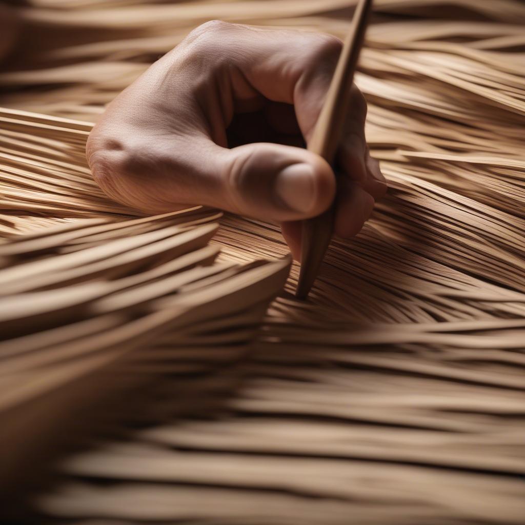 Close-up view of French randing technique, showing the intricate weaving of thin wood strips.