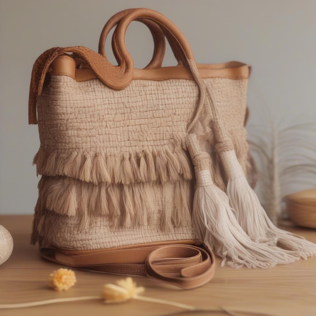 Boho style fringe woven bag with tassels and leather straps