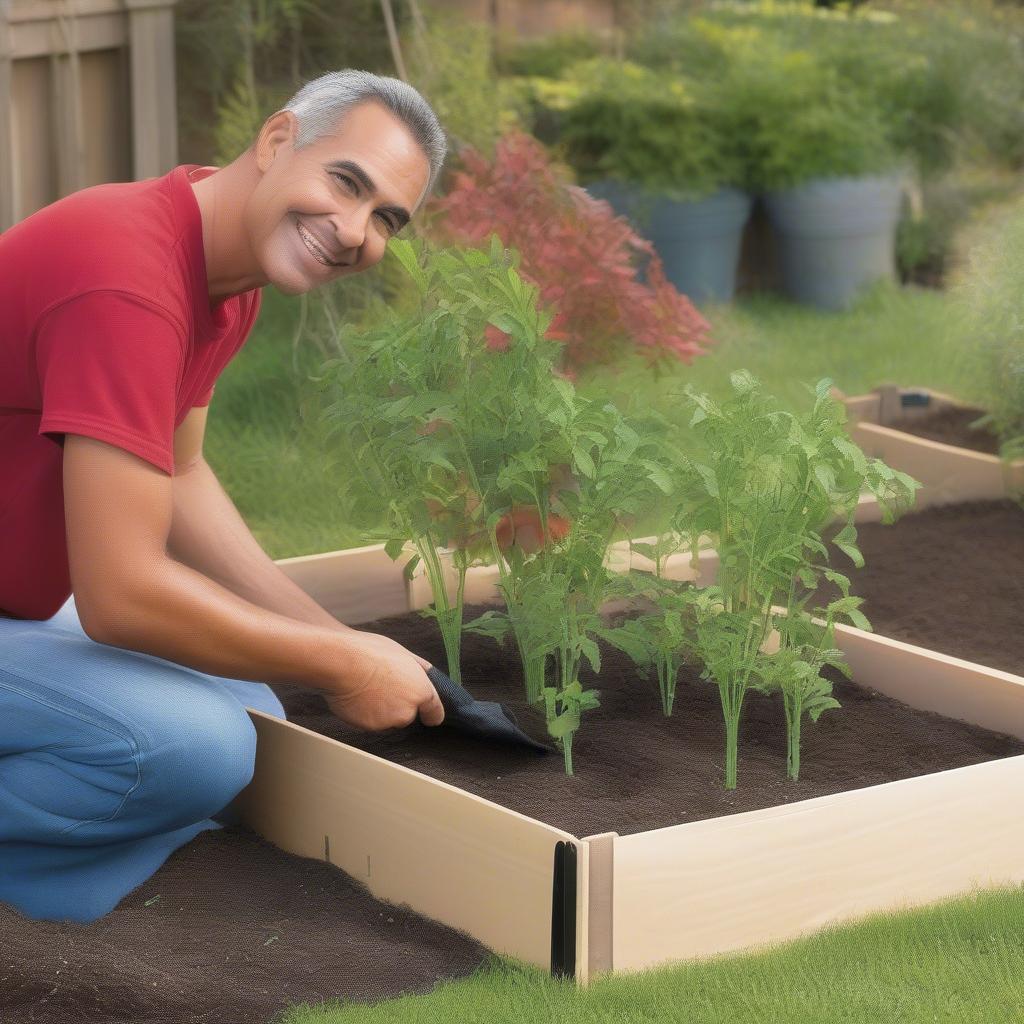 A gardener using woven plastic planting bags in a raised garden bed setup, demonstrating their practical application and ease of use.