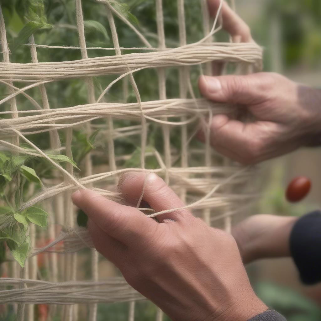 A gardener demonstrates the basket weaving technique for supporting tomato plants.