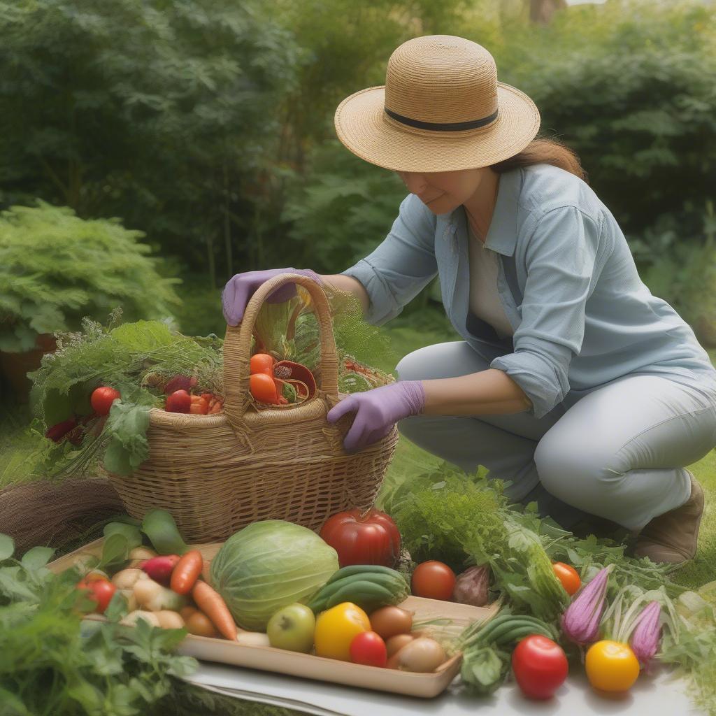 A person using a gathering basket to collect vegetables in a garden.