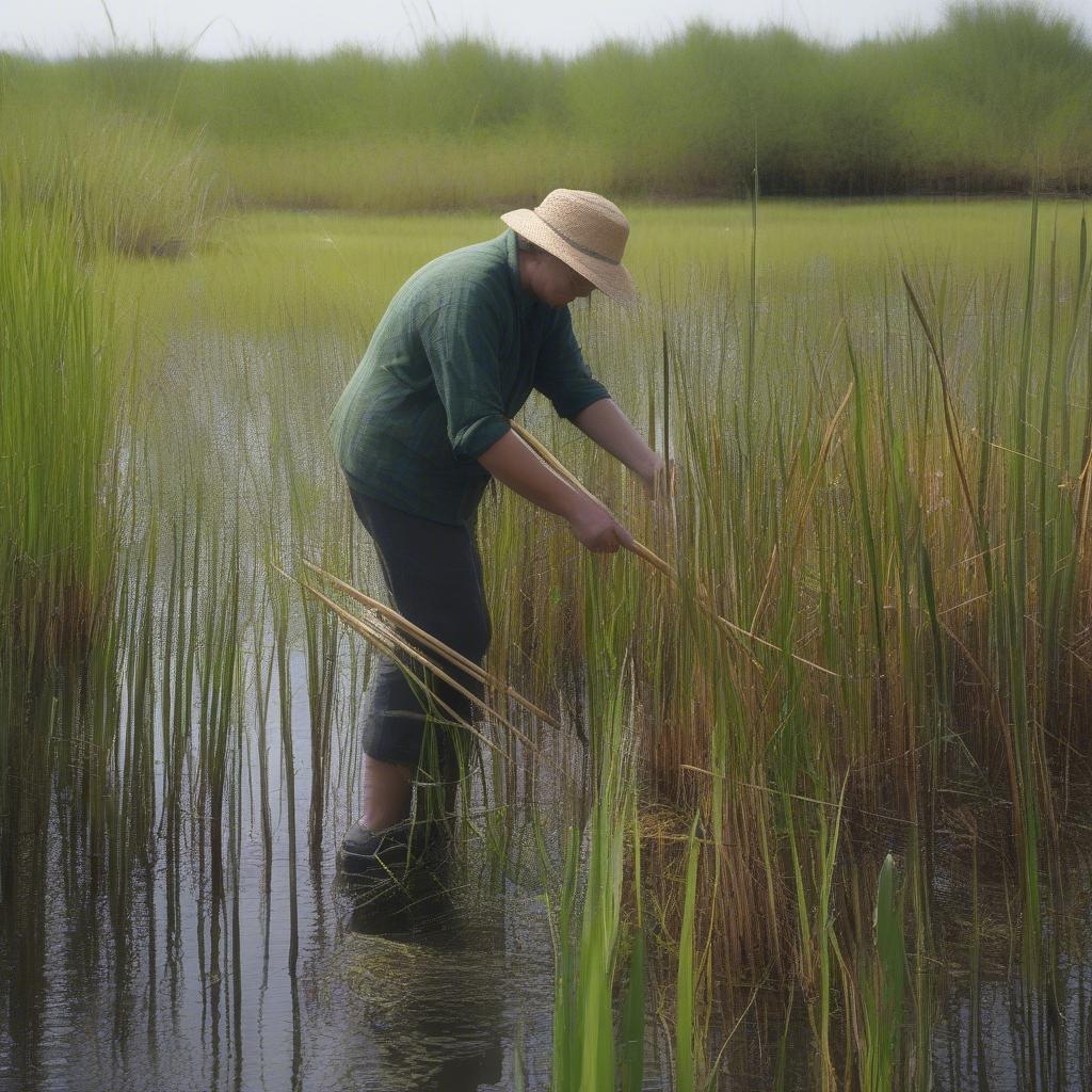 Gathering Cattail Reeds in a Marsh