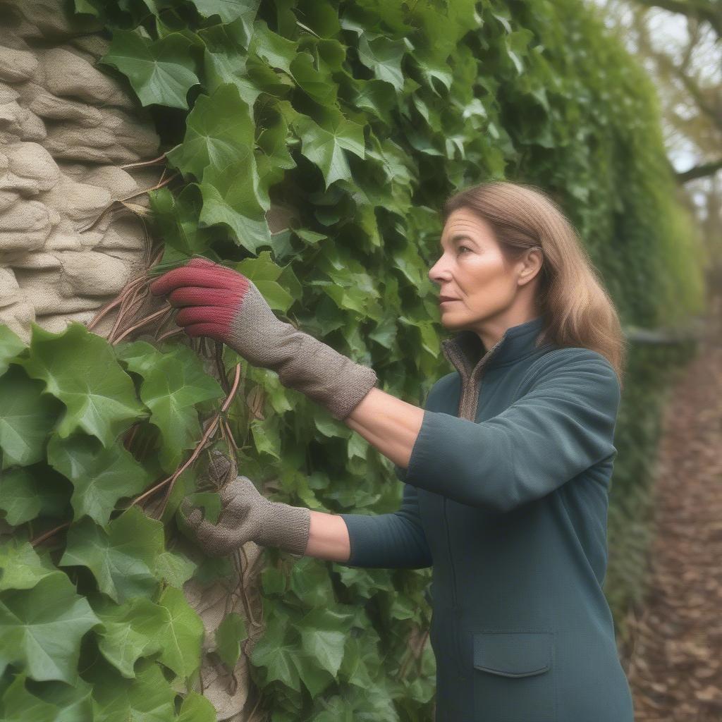 Gathering English Ivy for Basketry: A woman carefully cuts English ivy vines from a wall, ensuring she takes only what she needs and avoids damaging the plant.