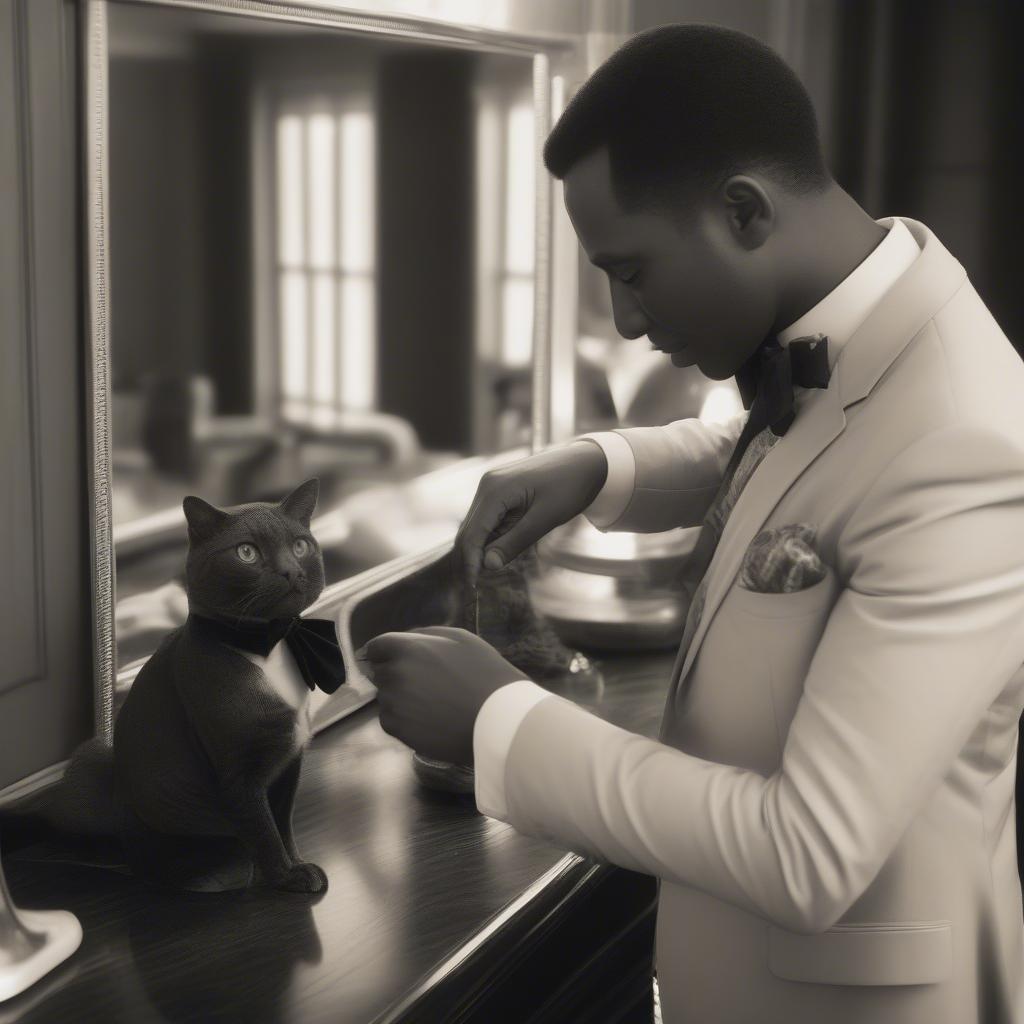 A well-dressed gentleman adjusting his basket weave bow tie, demonstrating proper handling and care.