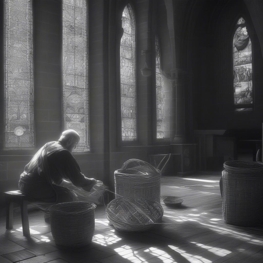 German Jacob basket weaver in a Catholic church setting, demonstrating his craft.