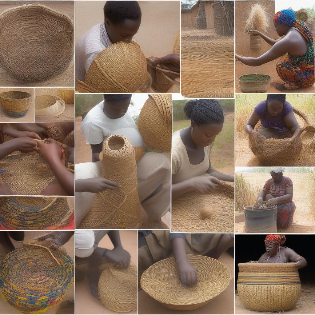 Traditional and modern Ghanaian basket weaving techniques, from material preparation to the finished product.