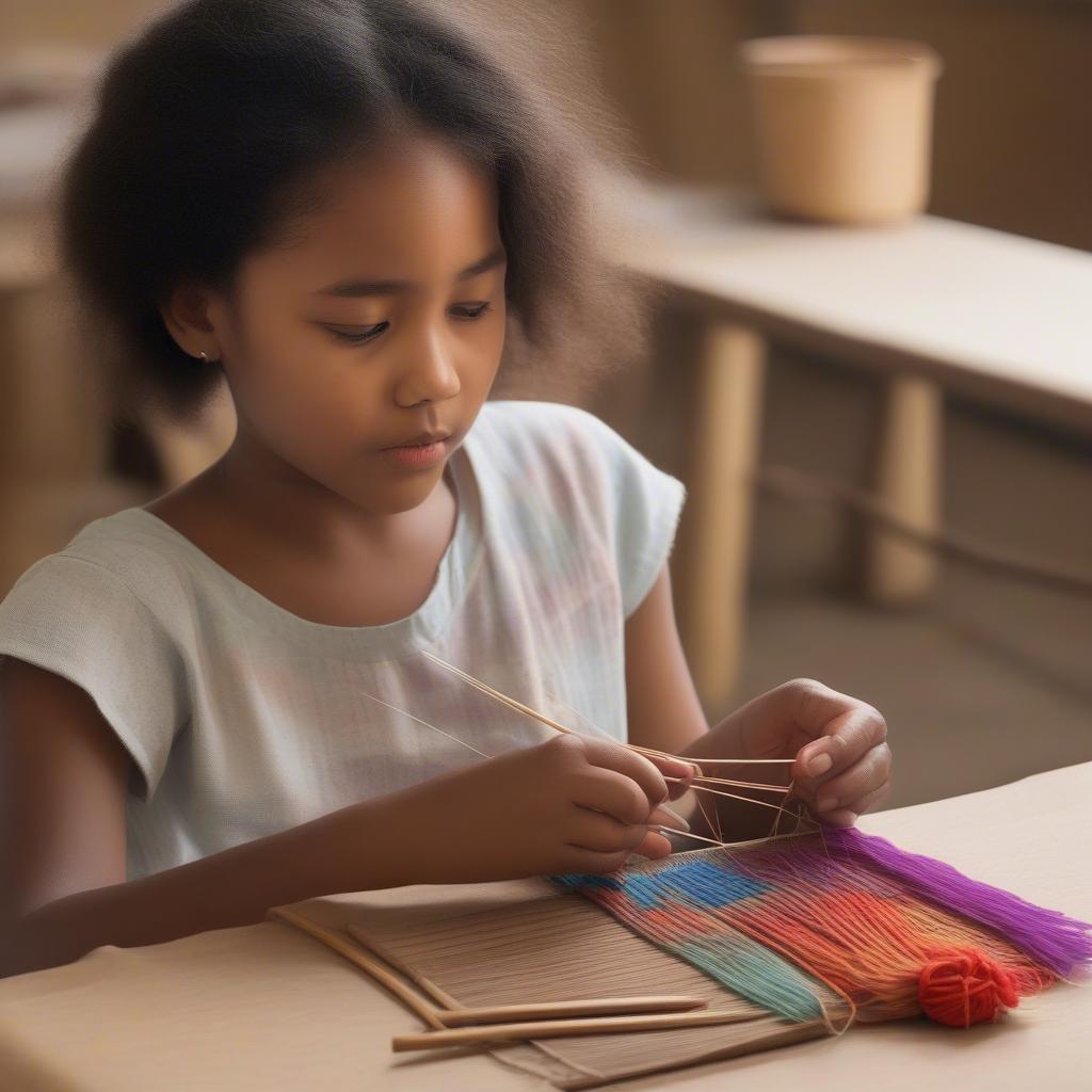 Girl Weaving a Basket with a Kit