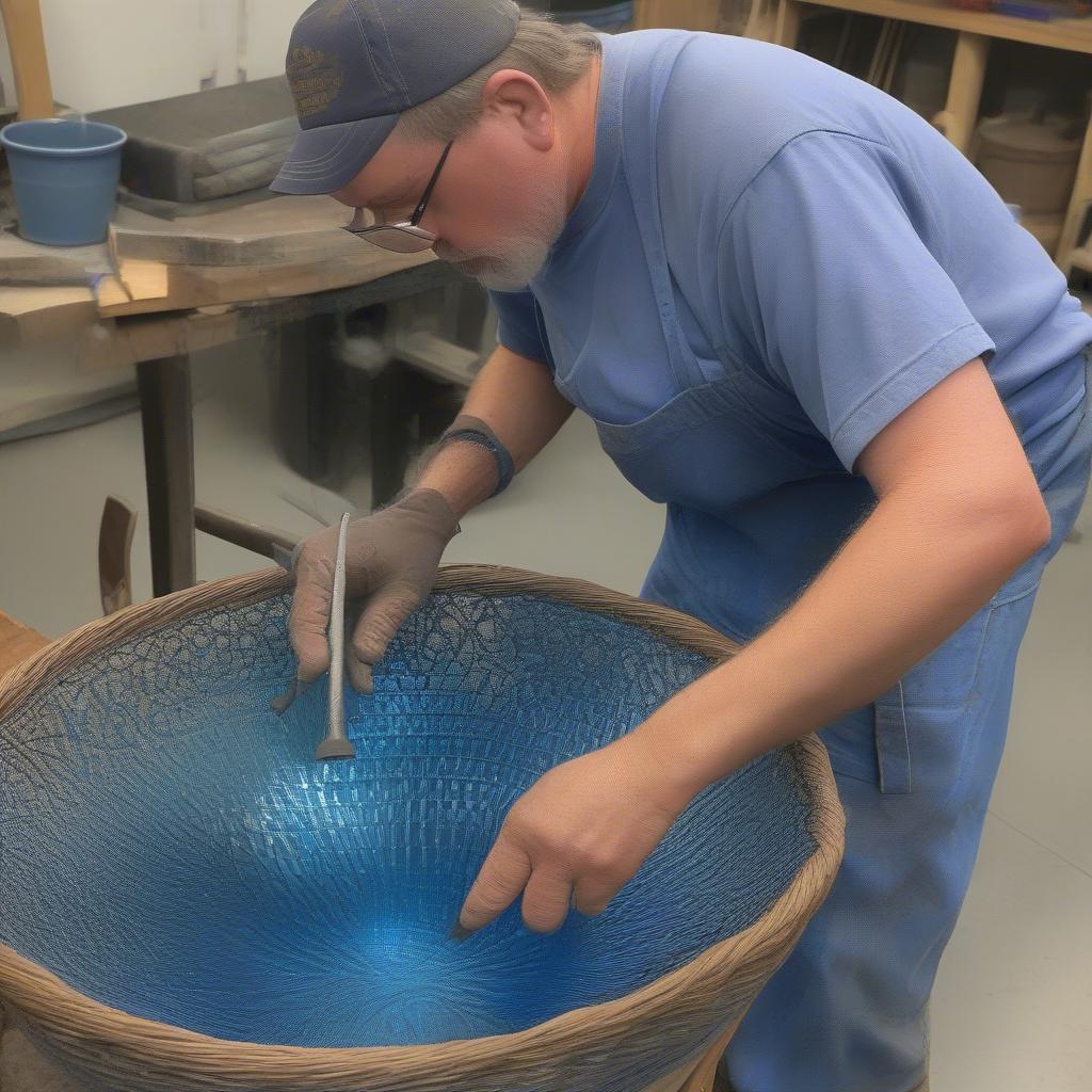 Glassblower creating a basket weave pattern on a colonial blue glass basket