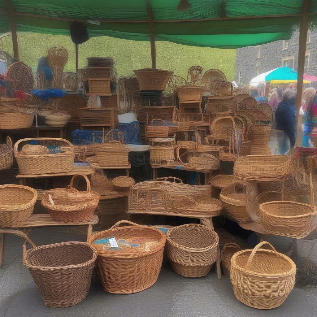 Variety of wicker and rattan baskets for sale at a craft market in Glendalough, Ireland.