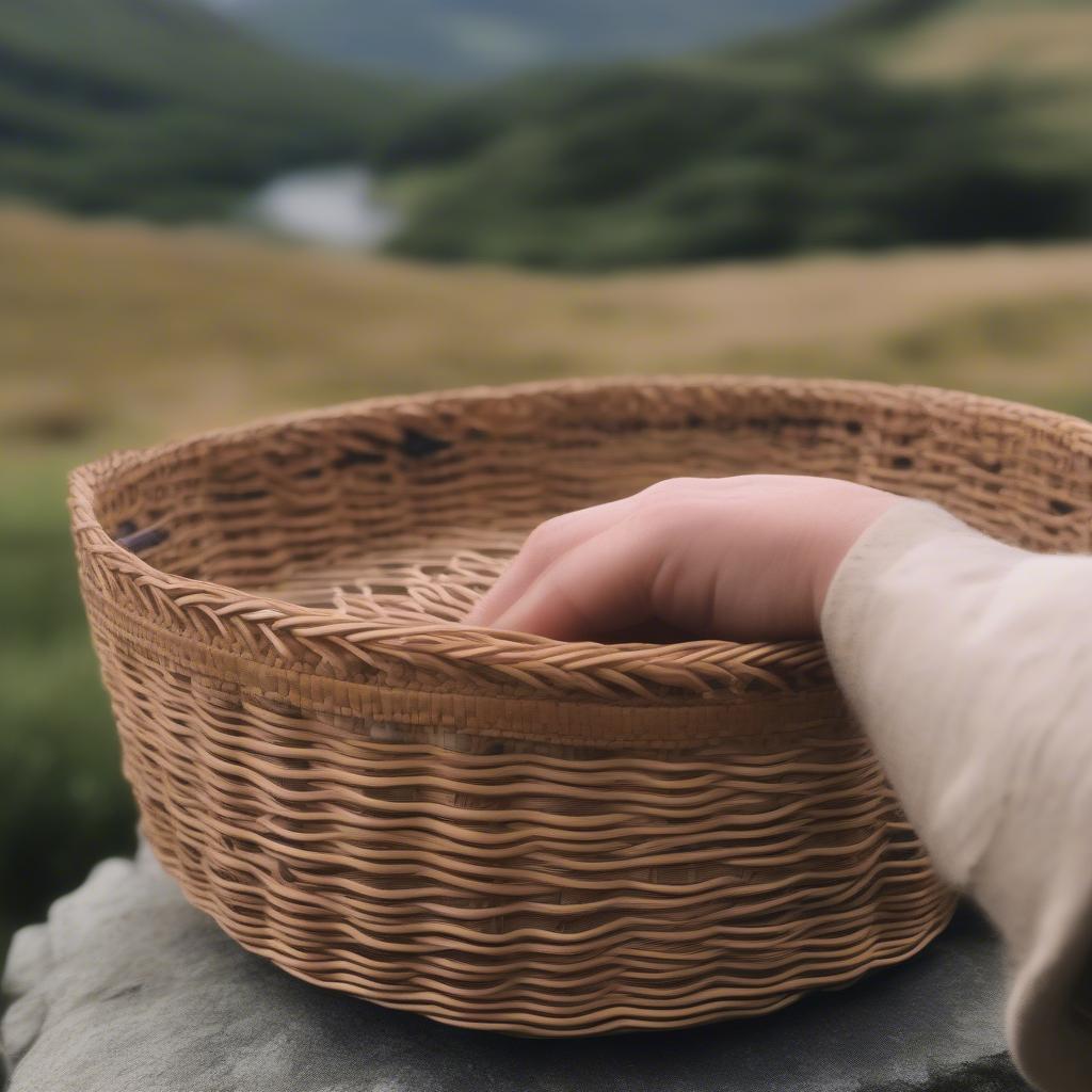 Traditional wicker basket weaving in Glendalough, Ireland, showing the intricate process and natural materials.