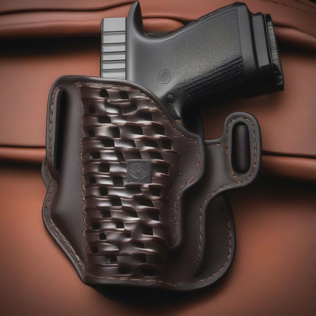 Close-up view of a Glock 22 Gen 4 secured in a level 3 basket weave holster