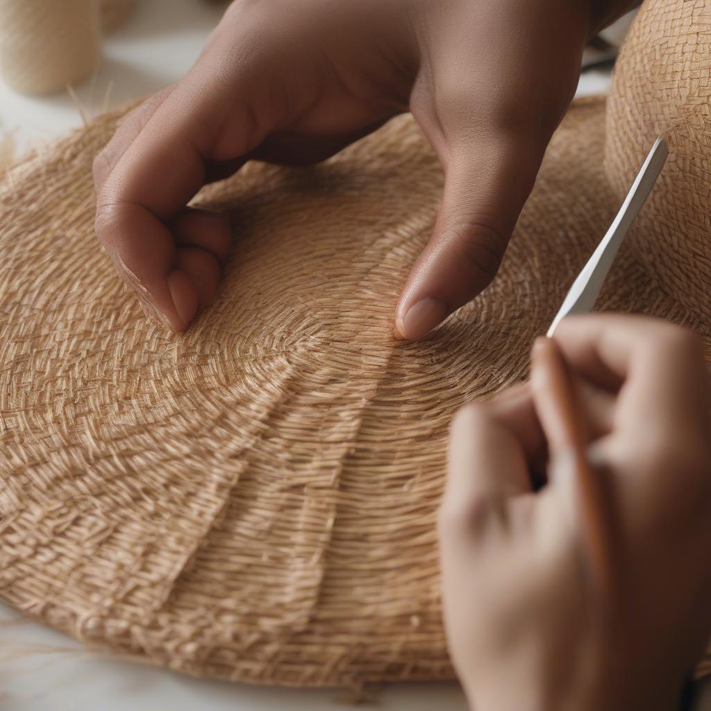 Gluing Woven Raffia to a Straw Sun Hat