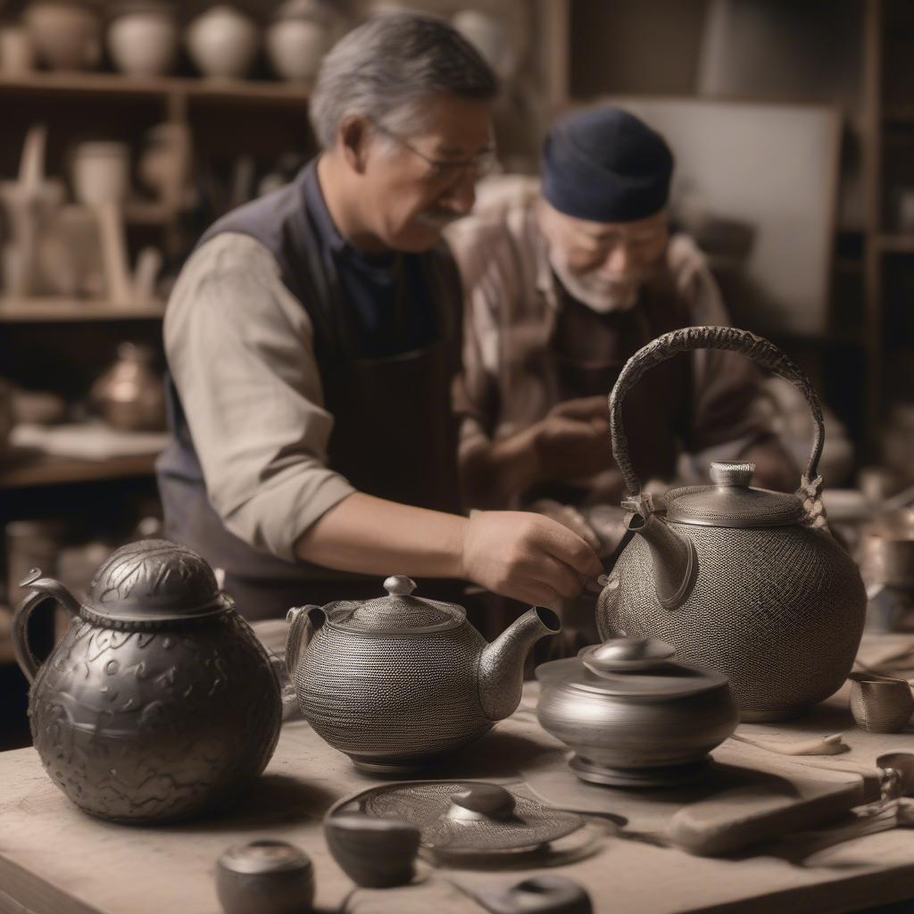 Skilled artisans working on i Godinger teapots.