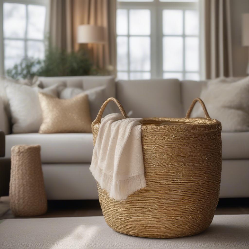 Gold Glitter Large Round Weaved Stick Basket in a Living Room Setting