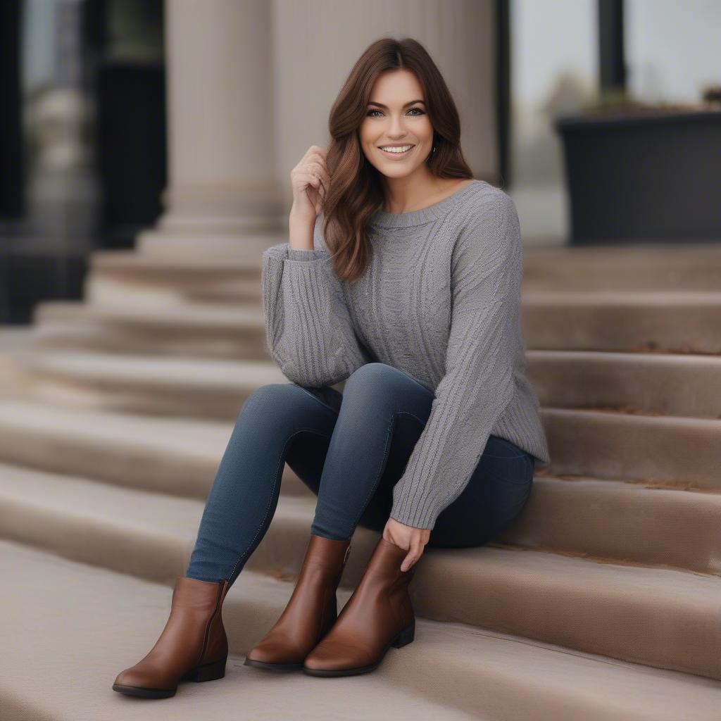 A stylish outfit featuring a gray basket weave sweater paired with dark wash jeans and brown leather boots.