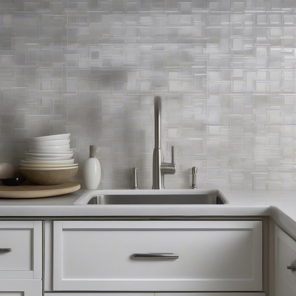 Gray and white ceramic basket weave mosaic Byrd tile used as a kitchen backsplash.