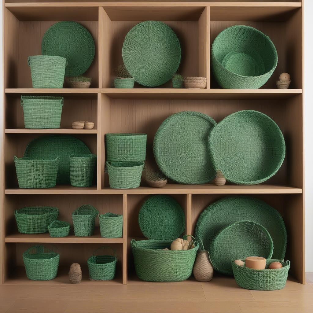 Different sizes and shapes of green frost baskets displayed on a shelf.