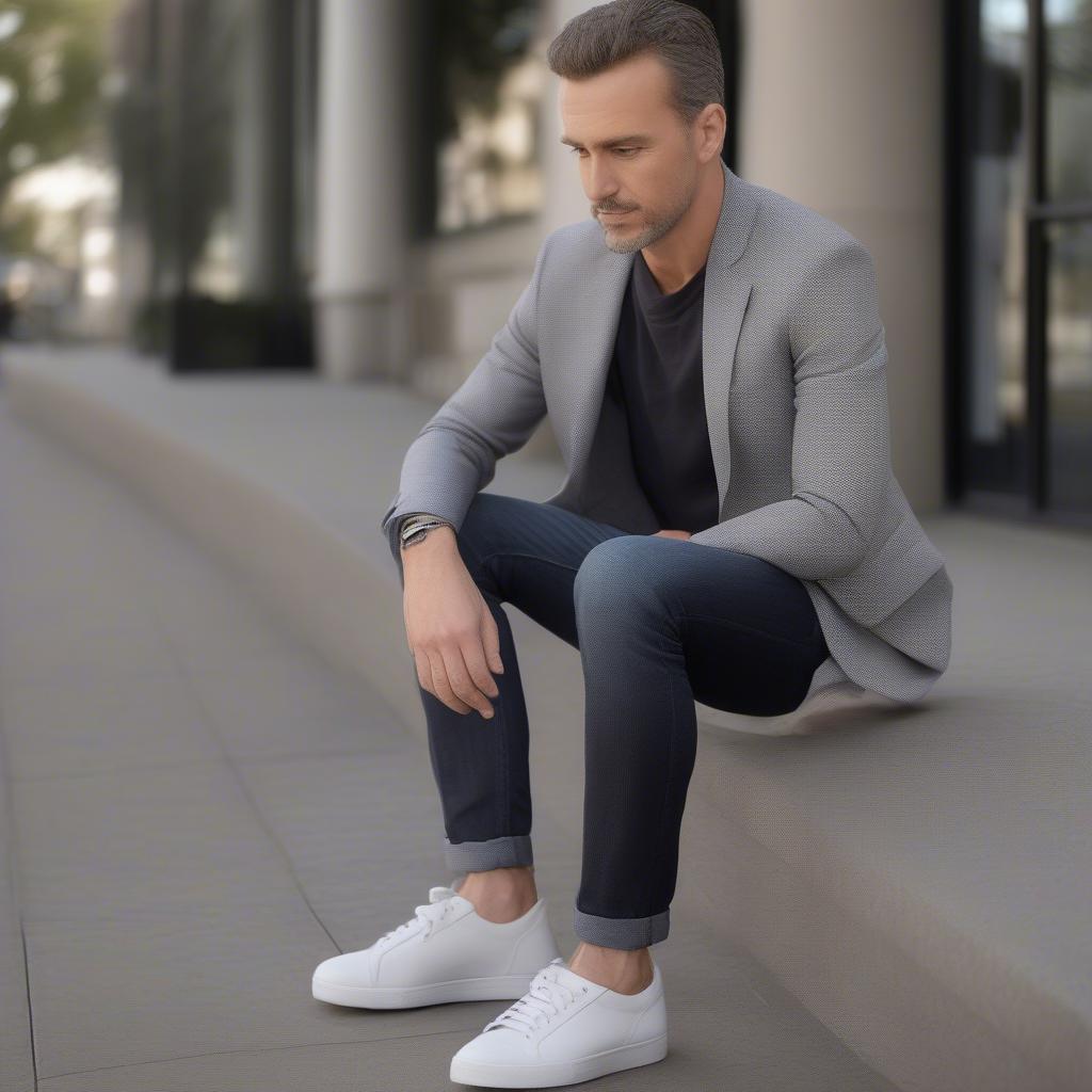 Man wearing grey basket weave charcoal sportcoat in a casual setting