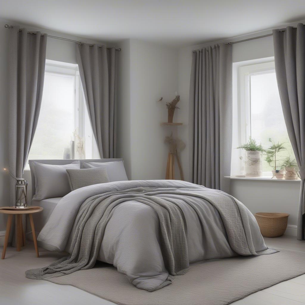 Grey Basket Weave Curtain in a Bedroom Setting