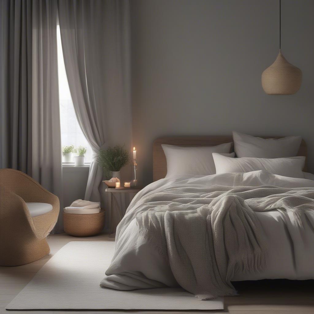 Grey basket weave curtains filtering light in a bedroom