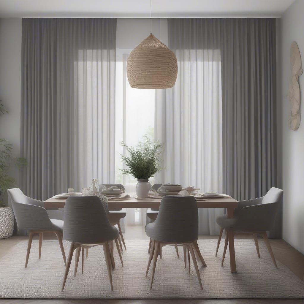 Grey basket weave curtains filtering sunlight in a dining room