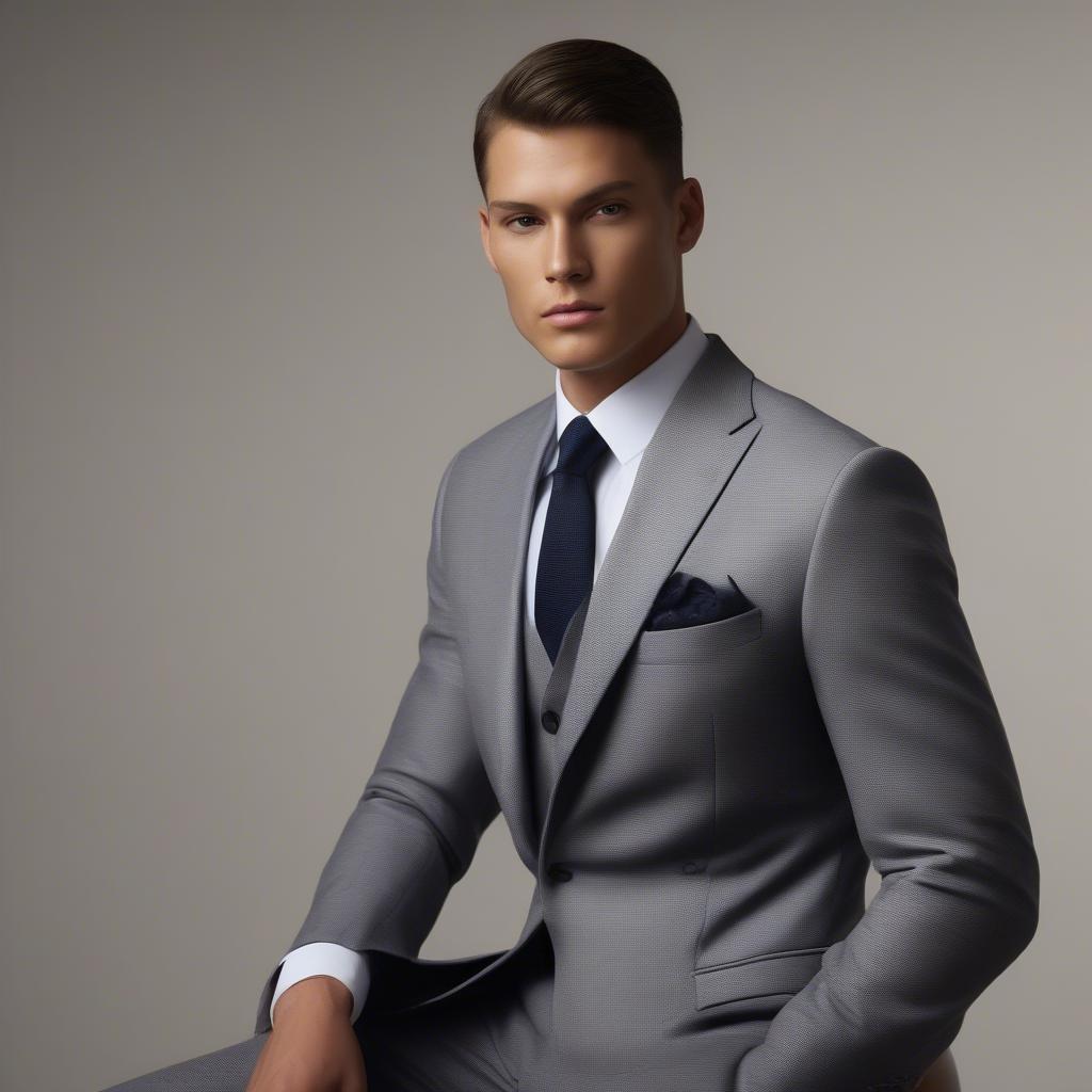 A model wearing a grey basket weave suit