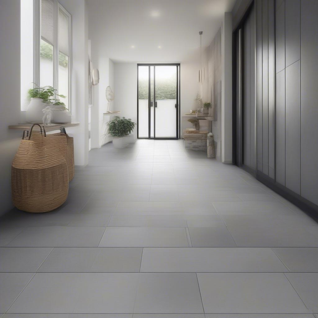 Grey porcelain basket weave tiles in a contemporary entryway