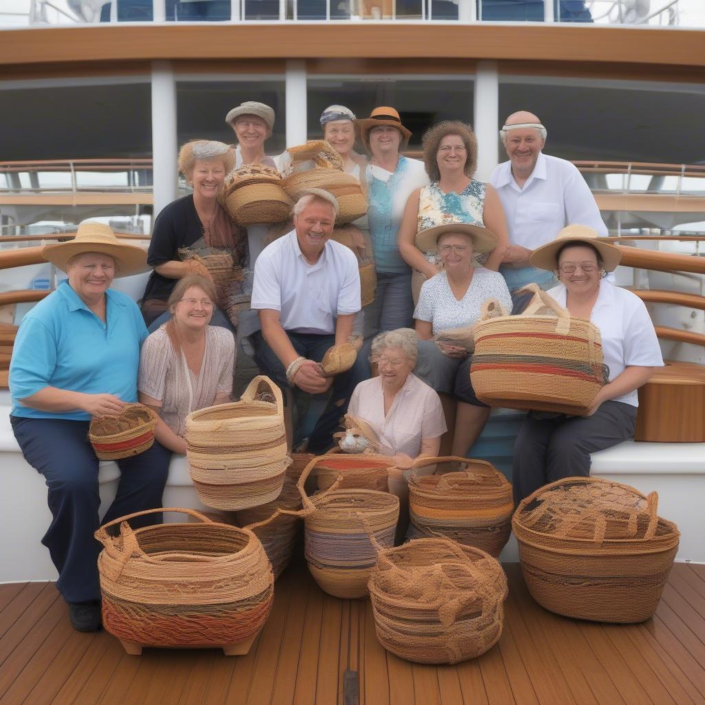 Group of People Displaying their Handwoven Baskets on a Cruise Ship