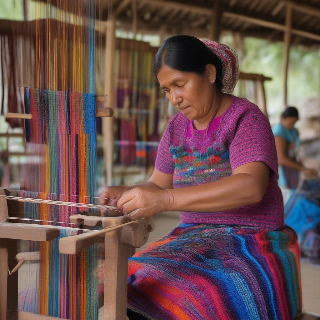 A Guatemalan artisan weaving a traditional bag using a backstrap loom.