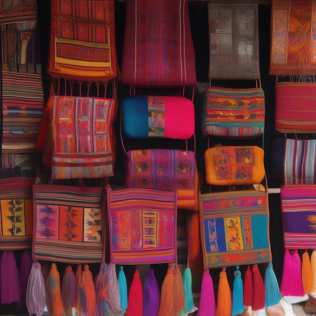 Traditional Guatemalan weaving bags showcasing intricate Mayan designs and vibrant colors.