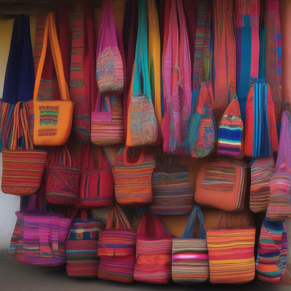 Colorful Guatemalan woven bags displayed in a bustling market in Chichicastenango