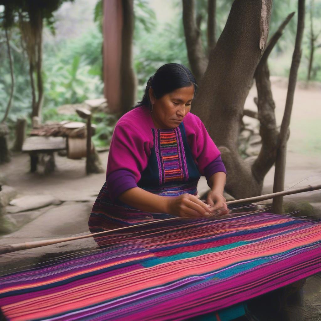 Guatemalan woman weaving a colorful bag on a traditional backstrap loom