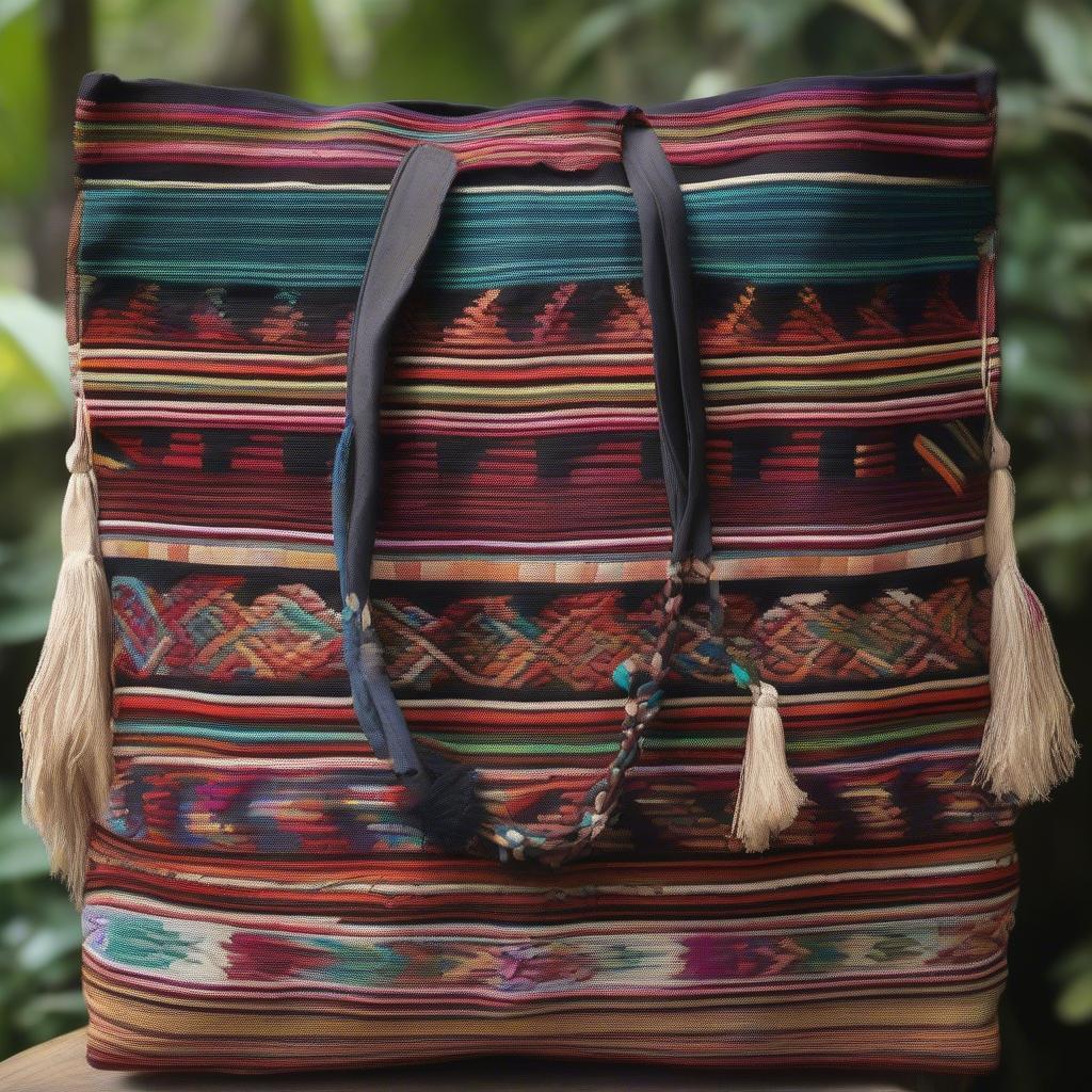 Close-up details of an authentic Guatemalan woven Morales bag, showing the hand-knotted fringes and intricate weaving.